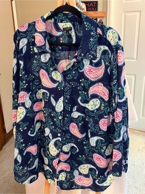 Talbots Navy Paisley Collared Button-Front Blouse 3X